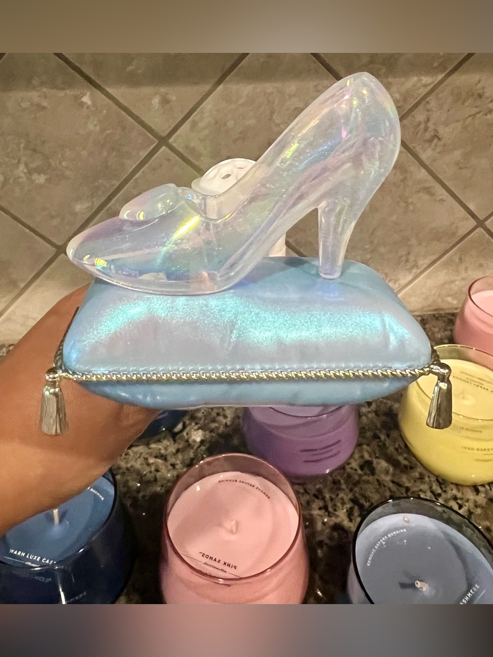 Bath & Body Works Iridescent Clear Heeled Shoe Decor Blue Cushion Wallflower